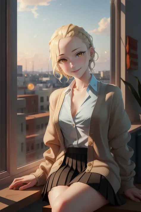 (extremely detailed CG unity 8k wallpaper:1.0), (best shadow), soft lighting, HDR, (illustration), (small boobs:1.1), blonde short hair, center of frame, (realistic:0.8), young, cute, trending in artstation, <lora:AnnaAnjou:0.75>, in school window, 1girl, yellow iris, (nude:0.6), yellow eyes, , solo focus, yellow cardigan, white button shirt, pleated skirt, model pose, looking at viewer, (cleavage:0.9), sitting on window sill, cowboy shot, smirking, asymmetrical hair, depth of field