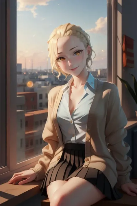 (extremely detailed CG unity 8k wallpaper:1.0), (best shadow), soft lighting, HDR, (illustration), (small boobs:1.1), blonde short hair, center of frame, (realistic:0.8), young, cute, trending in artstation, <lora:AnnaAnjou:0.75>, in school window, 1girl, yellow iris, (nude:0.6), yellow eyes, , solo focus, yellow cardigan, white button shirt, pleated skirt, model pose, looking at viewer, (cleavage:0.9), sitting on window sill, cowboy shot, smirking, asymmetrical hair, depth of field