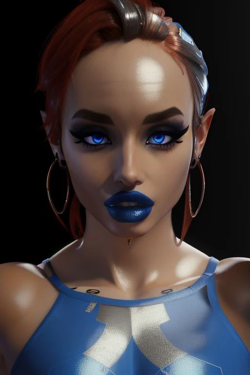 3d, masterpiece, high res, 4k, best quality, beautiful face, detailed face, ultra-detailed, ((head shot, face focus, close up face shot), open eyes, (looking at viewer, facing viewer)), 1girl, solo, white background, hoop earrings, female, BREAK, dark blue lips, (smile), makeup, <lora:link_offset:1>, link, red hair, ponytail, blue eyes,<lora:ColoredLipstick:1> (lipstick, dark blue lipstick), <lora:fakelips_1:1> lip filler, open mouth, eyeshadow, eyeliner, mascara, long eyelashes, portrait, close-up, metallic eyeshadow, <lora:fugtrup Style:.7> fugtrup style, <lora:Gerudo:.7> gerudo, (very dark skin, brown skin), <lora:cuminmouth:1> cuminmouth,