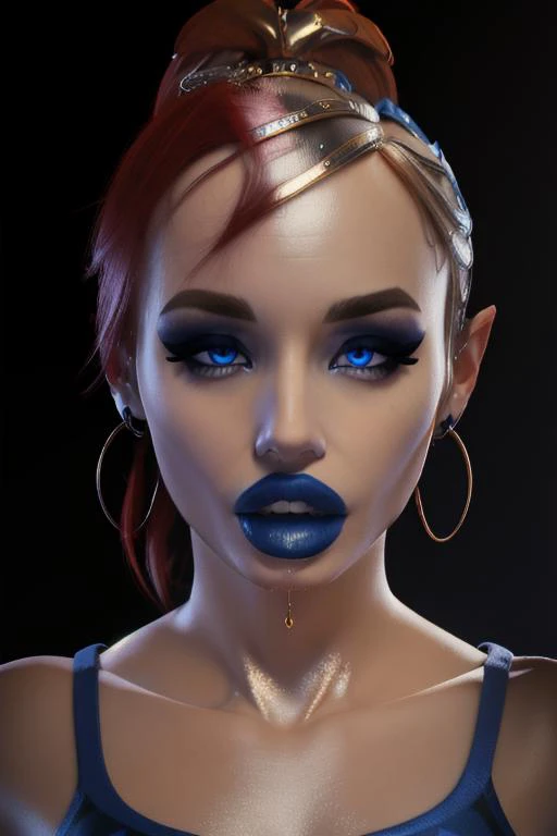 3d, masterpiece, high res, 4k, best quality, beautiful face, detailed face, ultra-detailed, ((head shot, face focus, close up face shot), open eyes, (looking at viewer, facing viewer)), 1girl, solo, white background, hoop earrings, female, BREAK,  dark blue lips, (smile), makeup, <lora:link_offset:1>, link, red hair, ponytail, blue eyes,<lora:ColoredLipstick:1> (lipstick, dark blue lipstick), <lora:fakelips_1:1> lip filler,  open mouth, eyeshadow, eyeliner, mascara, long eyelashes, portrait, close-up, metallic eyeshadow,  <lora:fugtrup Style:.7> fugtrup style,   <lora:Gerudo:.7> gerudo,  (very dark skin, brown skin), <lora:cuminmouth:1> cuminmouth,