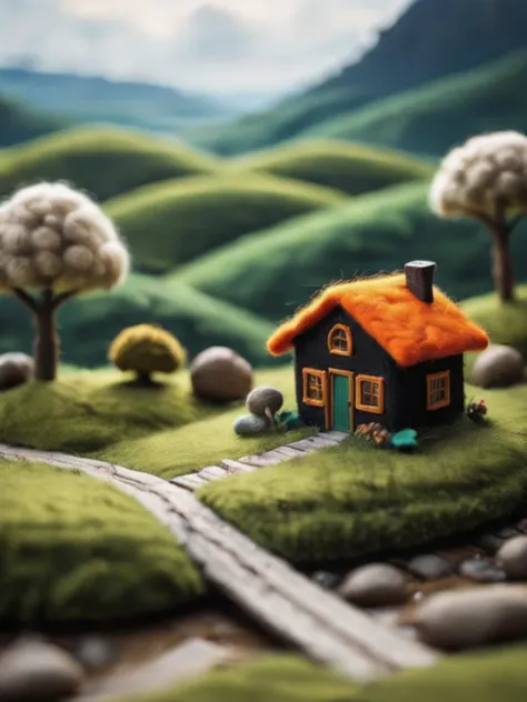 Felt world,Felt-World\(style\),{[1house], [A quaint miniature scene of a rural landscape, a small house painted black with an orange roof and wooden door, sitting on an elevated stilt above a winding dirt path through a meadow, lush green landscape with rocks and plants, various textures and depths, majestic mountains in the distance under a clear blue sky with fluffy white clouds], Peaceful and tranquil rural setting},<lora:Felt-WorldXL-V1:0.7>,