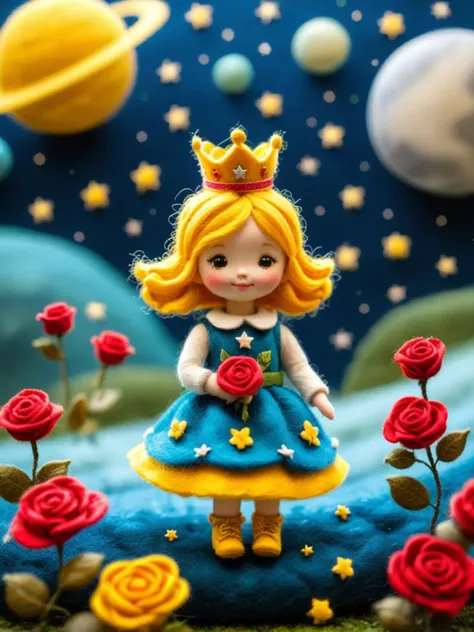 Felt world,felt style,Felt-World\(style\),A *********** from a fairy tale,with yellow hair,a crown,a gorgeous dress,holding a rose,a rose field on the moon,planets,loneliness,sparkling starry sky,wool felt,handcrafted,artistic,3D,realistic details,,<lora:Felt-WorldXL-V1:0.7>,