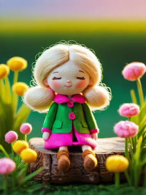 Felt world,felt style,Felt-World\(style\),[1 girl],[closed eyes, sitting on a log, blonde hair and pink cheeks, wearing a bright green coat],[natural environment, sunlight, warm colors, rustic wood, green leaves around, peaceful atmosphere],<lora:Felt-WorldXL-V1:0.7>,