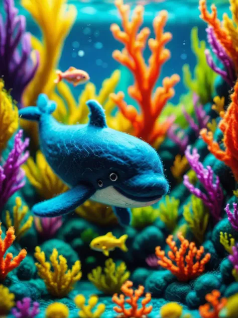 Felt world,felt style,Felt-World\(style\),Microphotography,wool felt style,underwater,(giant whales),seaweed,coral,colorful schools of fish,no humans,colorful eddies,movie lighting,OC rendering,ultra detailed,3D,4K,<lora:Felt-WorldXL-V1:0.7>,