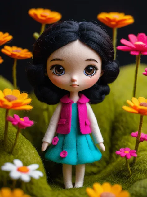 Felt world,felt style,Felt-World\(style\),Miniature photography, wool felt style, upper body close-up, 1 girl, black hair, big eyes, standing in the flower bushes, movie lighting, OC rendering, ultra detailed details, 3D, 4K,<lora:Felt-WorldXL-V1:0.7>,