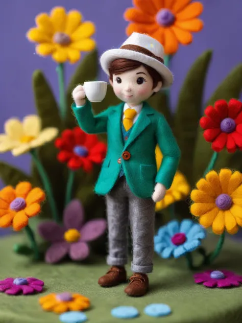 Felt world,felt style,Felt-World\(style\),[1people], [A boy waving with a white cup of coffee with a yellow handle and red flowers, a brown fedora, a green sweater, and a blue tie with white polka dots], [A rotating patterned background that transitions between yellow, orange, and purple tones],<lora:Felt-WorldXL-V1:0.7>,