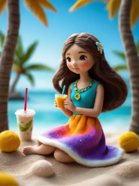 Felt world,felt style,Felt-World\(style\),Felt art style,a girl in a dress on a summer beach with flowing long hair,wearing swimmies,sitting under a coconut tree,holding a milk tea,facing the sea and the horizon under the blazing sun,surrounded by soft sand and the sound of waves gently lapping,high quality image,sharp focus,detailed,vivid colors,photorealistic,trending on ArtStation,intricate,heartwarming scene,<lora:Felt-WorldXL-V1:0.7>,