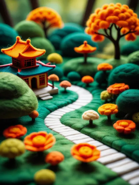 Felt world,felt style,Felt-World\(style\),Microphotography,felt style,plants and mysterious forests in front of traditional Chinese architecture,surrounded by various felt fabrics,with orange and white color palettes,Eastern painting style,freehand felt style,handicrafts,a blend of wood carving and embroidery,felt art,carpets,fluffy textures,fluffy cotton textures,plush,and fine textured 3D reliefs,great visual composition,cinematic lighting,light volume,focusing on the circular shape of Chinese architectural plants,16K,HD,realistic style rendering,super resolution,post-processing,post-production,tone mapping,introverted and complex,Ultra maximum and surrealistic color schemes with ultra long depth of field and wide-angle shooting,,<lora:Felt-WorldXL-V1:0.7>,