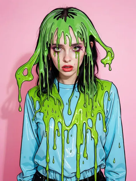 woman, <lora:dr4wn0nXL:0.6> Dr4wn0n, mixed media, cel shading clothing, slime, dripping