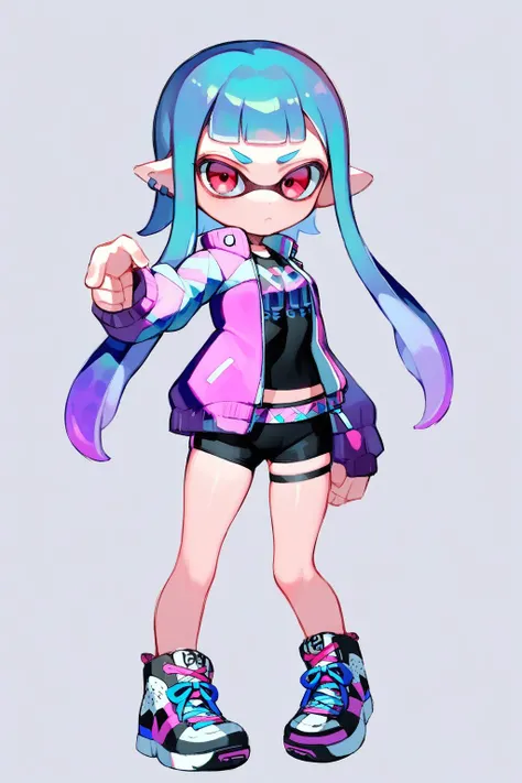 1girl,
<lora:Splatoon_Inkling_LORA:1>,
inkling girl,
inkling,
bike shorts,
black shirt,
black shorts,
cross-laced footwear,
jacket,
long sleeves,
miniskirt,
open clothes,
open jacket,
purple jacket,
shirt,
shoes,
short shorts,
shorts under skirt,
shorts,
skirt,
sneakers,
bangs,
blue hair,
blunt bangs,
long hair,
pointy ears,
red eyes,
tentacle hair,
looking at viewer,
closed mouth,
light frown,
<lora:xl_jojo pose:1>,
jojo pose,
pointing at viewer,
cowboy shot,
white background,
masterpiece,
best quality,