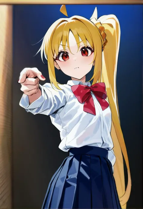 jojo pose,pointing at viewer,looking at viewer, masterpiece, best quality, btr-nijika, 1girl, playing drum, blonde hair, solo, side ponytail, ><, skirt, long hair, ahoge, red bow, blue skirt, white shirt, pleated skirt,bowtie, long sleeves, newest<lora:bocchi_xl:1.2> <lora:xl_jojo pose:1>