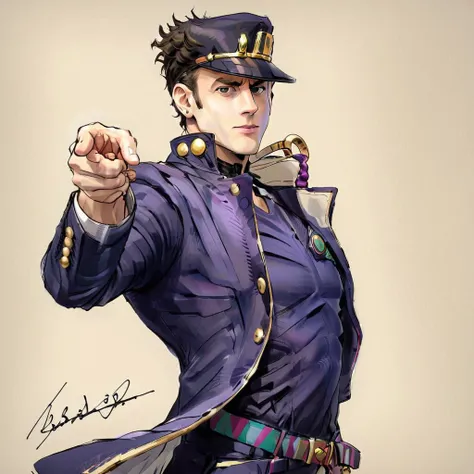 hezi, jojo style, manga, hand drawn style, solo, male focus, 1boy, school uniform, higashikata josuke, gakuran, pompadour, peace symbol, heart, full body, purple hair, anchor symbol, brooch, jewelry, earrings, clenched hand, foreshortening, zipper, blue hair, black hair, white background, purple eyes, stud earrings, blue eyes
