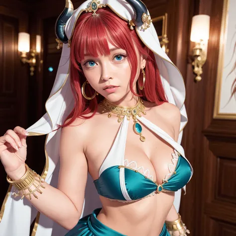 masterpiece, best quality, detailed, masterpiece, best quality, nilou \(genshin impact\), long hair, jewelry, blue gemstone, earrings, black horns, crown, cyan arabic satin dress, white veil, neck ring, red hair, {green eyes},