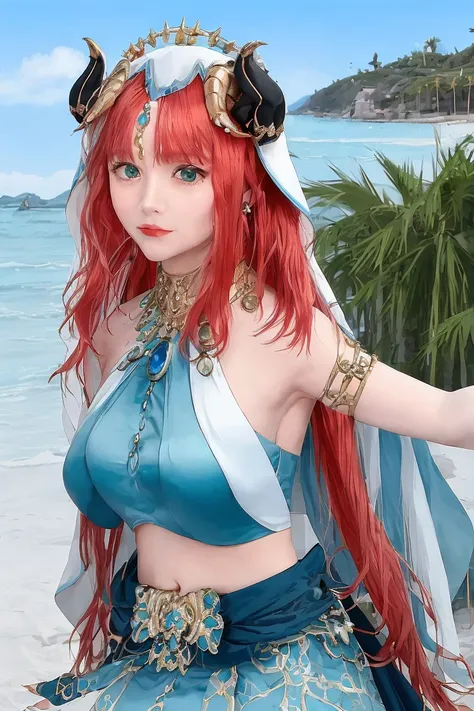 masterpiece, best quality, detailed,
masterpiece, best quality,
nilou \(genshin impact\), long hair, jewelry, blue gemstone, earrings, horns, crown, cyan satin dress, white veil, neck ring, {green eyes},
mksks style, blue sky, highly detailed background, floral background, oasis, desert, professional lightning, sunlight, palm tree, <lora:koreanDollLikeness_v10:0.4>,<lora:TsumasakyNilouGenshin_v1:0.8>,((young girl)), (red hair),((seaside)), (beach),((bared abdomen)),(navel), ((dancing))
