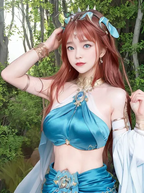 a woman in a blue dress with a blue sash around her neck and a blue belt around her waist, fantasy art, a statue, Fan Qi, cosplay