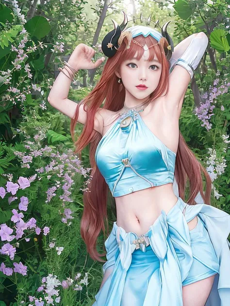 a woman in a blue dress with a blue sash around her neck and a blue belt around her waist, fantasy art, a statue, Fan Qi, cosplay