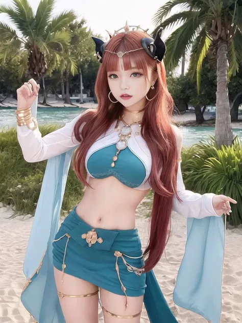 fantasy art, a statue,((young girl)), (red hair),((seaside)), (beach),((bared abdomen)),(navel), ((dancing)),masterpiece, best quality, detailed, masterpiece, best quality, nilou \(genshin impact\), long hair, jewelry, blue gemstone, earrings, horns, crown, cyan satin dress, white veil, neck ring, {green eyes}, mksks style, blue sky, highly detailed background, floral background, oasis, desert, professional lightning, sunlight, palm tree, <lora:koreanDollLikeness_v15:0.8>, <lora:TsumasakyNilouGenshin_v1:0.6>,