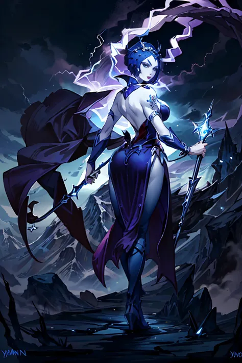 full body, ((masterpiece)), ((highly detailed)), ((best quality)), realistic, evil_lyn, beautiful woman with heavy makeup, (pale skin:1.3), holding a wand, ((blue)) and purple outfit, beautiful eyes, perfect eyes, perfect hands, ((fantasy mountain background)), outdoors, lightning storm, dynamic pose, dynamic angle, (((from behind))), <lora:80s_Evil-Lyn_MK2:0.8>