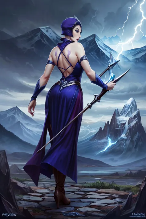 full body, ((masterpiece)), ((highly detailed)), ((best quality)), realistic, evil_lyn, beautiful woman with heavy makeup, (pale skin:1.3), holding a wand, ((blue)) and purple outfit, beautiful eyes, perfect eyes, perfect hands, ((fantasy mountain background)), outdoors, lightning storm, dynamic pose, dynamic angle, (((from behind))), <lora:80s_Evil-Lyn_MK2:0.8>
