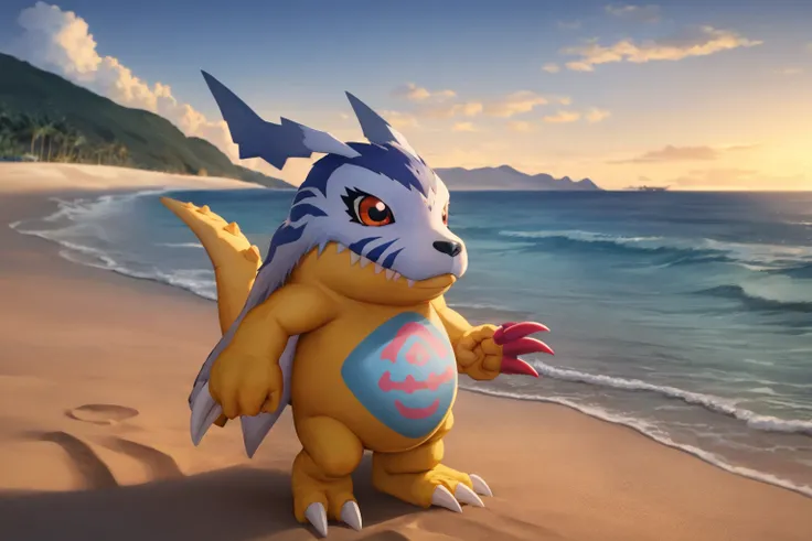 masterpiece, best quality, gabumon, solo, digimon \(creature\), red eyes, claws, closed mouth, beach background, sand, sea, cloud, blue sky <lora:Gabumon:1>