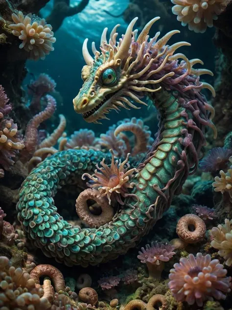 award winning photograph of a wyrm with ancient power made out of N30N and sea anemone in wonderland, magical, whimsical, fantasy art concept, steampunk, intricate details, best quality, masterpiece, ultra shartp, hyper realistic, realism <lora:Neon_Sea_Life:0.8>