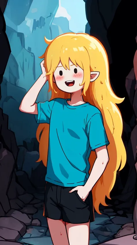 (masterpiece, best quality:1.1), fsc_art, 1boy, solo, blonde hair, long hair, male focus, blue shirt, simple background, blush, dirt, rock, black shorts, black eyes, dark, dungeon, underground, cave, exploration, adventure, excited, happy