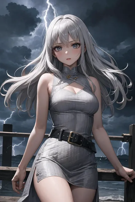 masterpiece, best quality, 1girl, very long grey hair, grey eyes, storm clouds, lightning, flashes of light, belt, quilted long grey and silver dress, silver brooch