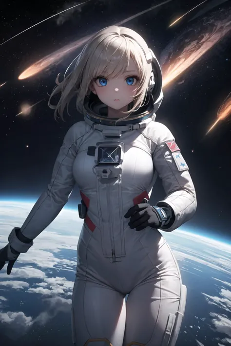 masterpiece, best quality, 1girl, blue eyes, floating in space, space suit, shooting stars, dark colors