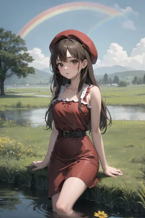 masterpiece, best quality, 1girl, long brown hair, brown eyes, long red dress, frilled top, beret, meadow, pond, tent in background, rainbow