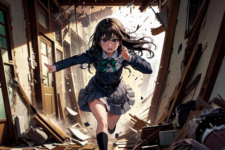 masterpiece,best quality,highly detailed,1girl,solo,serious,v-shaped eyebrows,sweat,sweatdrop,clenched teeth,
<lora:takina_inoue_v1:0.75>, takina inoue,purple eyes,black hair,long hair,lycoris uniform,green ribbon,long sleeves,two-tone dress,pleated dress,collared shirt,kneehighs,
BREAK
<lora:escapeSchool:0.75>,school,debris,fleeing,collapse,indoors,running,(hallway,school hallway),