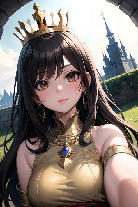 masterpiece, best quality, 1girl, close up, face focus, pov, fisheye, long hair, crown, long red and gold royal dress, castle in background, stone path, serene expression, jewellery