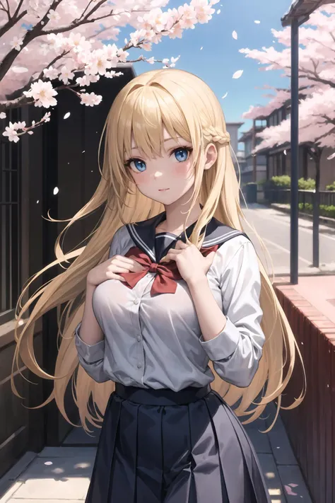 masterpiece, best quality, 1girl, long blonde hair, blue eyes, blue school uniform, cherry blossoms, courtyard, metal fence, flowers