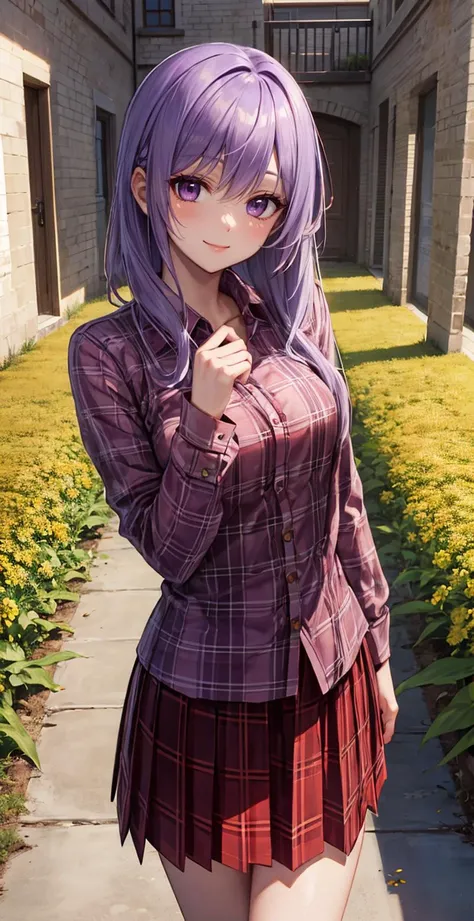 masterpiece, best quality, 1girl, purple eyes, lavender hair, courtyard, cornfield, red and yellow flowers, red plaid shirt, pleated skirt, smile