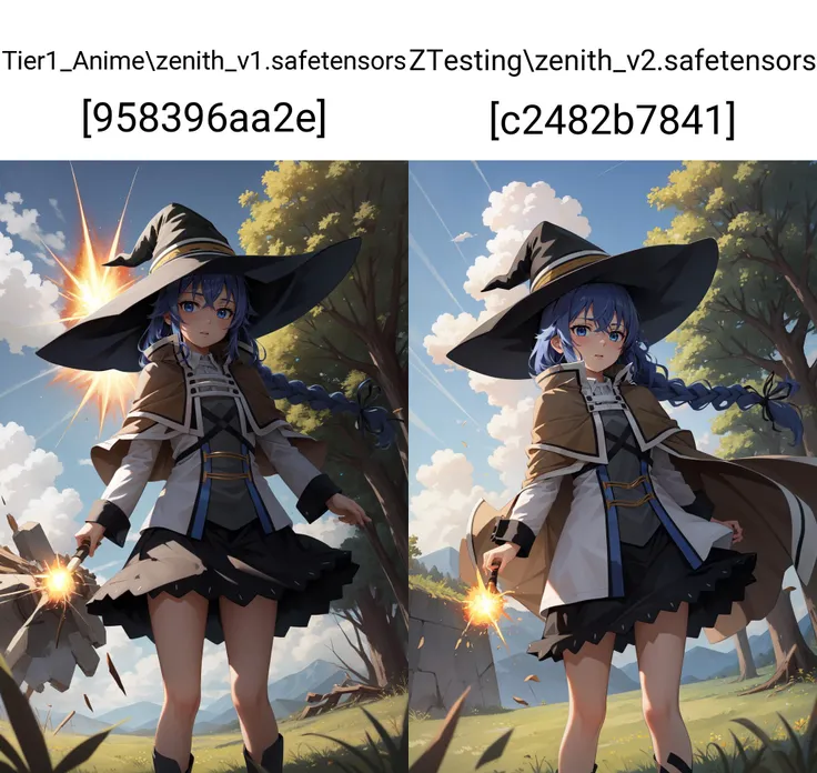 (masterpiece, best quality), intricate details,
1girl, <lora:roxy:0.8> 1girl,witch hat,blue hair,very long hair,twin braid,hair ribbon,blue eyes,brown cape,long sleeves, black skirt,
grassy field, magical fireball, explosion, trees, debris, broken branches, wind, shockwave, cloudy sky,
