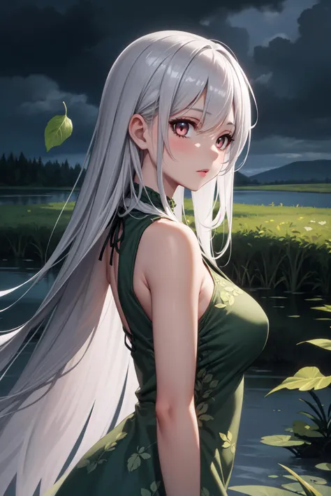 masterpiece, best quality, 1girl, breasts, silver eyes, very long silver hair, swamp, dark cloudy sky, leaf dress, upper body, from side, looking at viewer