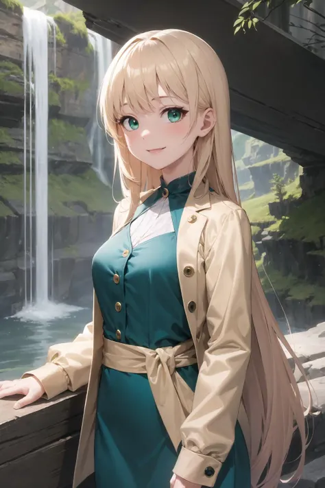 masterpiece, best quality, 1girl, face focus, very long hair, long sleeves, green eyes, teal and gold dress, buttons, waterfall, canyon, smile