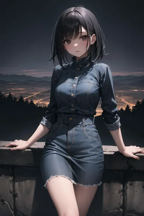 masterpiece, best quality, 1girl, medium black hair, bangs, denim dress, hills and valleys, dark shadows, night, light in distance