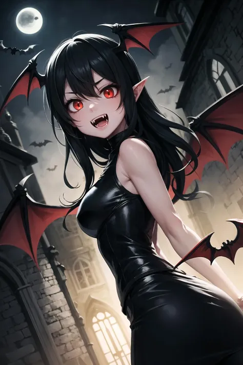 masterpiece, best quality, 1girl, face focus, long black hair, red eyes, fangs, open mouth, bat wings, haunted courtyard, night