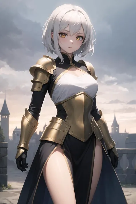 masterpiece, best quality, 1girl, long white hair, armor:dress. golden eyes, short hair, battleground, castle in backround