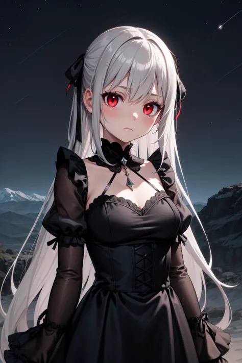 masterpiece, best quality, detailed, 1girl, long velvet dress, hair ribbon, gothic, serene expression, dark sky, star-print, frilled sleeves, red eyes, very long grey hair, vast mountains, darkness