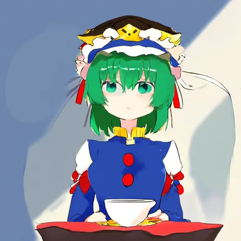 <lora:eiki_shiki:1> 1girl, balance_scale, bangs, blue_headwear, closed_mouth, cup, epaulettes, frilled_hat, frills, green_hair, hat, highres, holding, holding_cup, ichimura_kanata, juliet_sleeves, long_sleeves, looking_at_viewer, one-hour_drawing_challenge, puffy_sleeves, shiki_eiki, short_hair, simple_background, smile, solo, touhou, upper_body, weighing_scale, white_background, wide_sleeves, anime artstyle