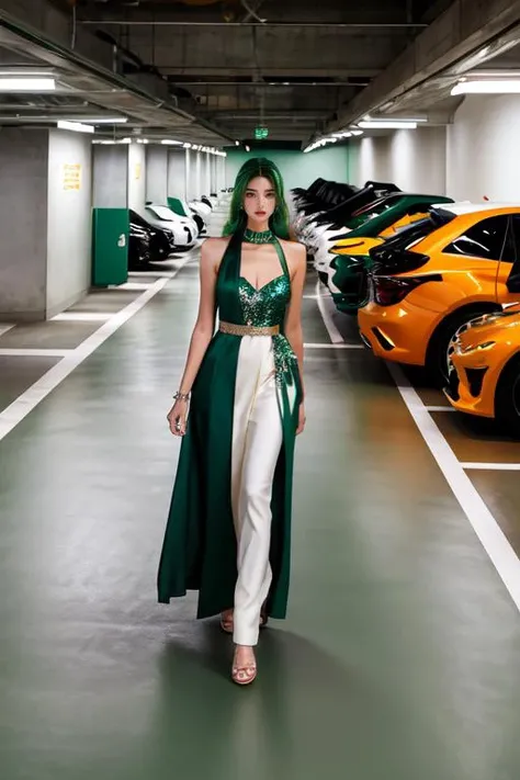 (otherworldly), highly insanely detailed, masterpiece, top quality, best quality, highres, 4k, 8k, RAW photo, (very aesthetic, beautiful and aesthetic), 1girl, solo,
Tower13_Gizelle,
a beautiful elvish girl,
<lora:UnderGround-CP:0.8>,
underground,Underground Car Parking,road,concrete,parking,
light yellow background,white background,pastel peach background ,
dark_skin, tan_skin, tanned skin, dark skin, dark-skinned, black-skinned, bronze skin,
(emerald green hair,), (fantasy world)âââ