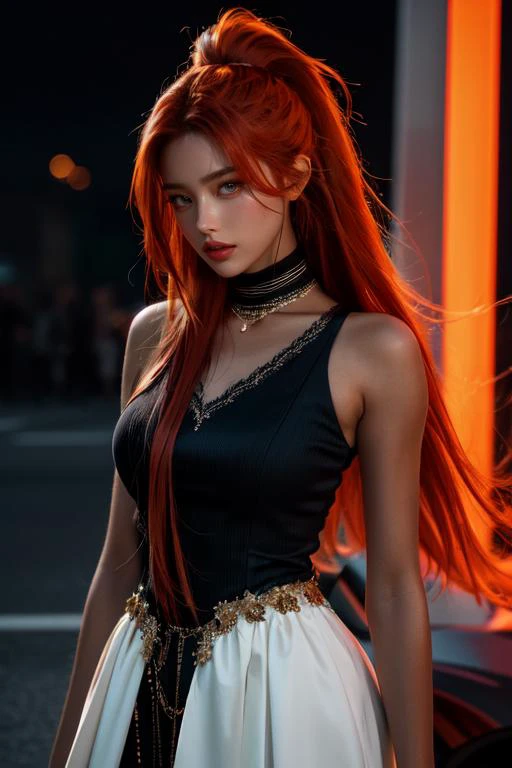 (otherworldly), highly insanely detailed, masterpiece, top quality, best quality, highres, 4k, 8k, RAW photo, (very aesthetic, beautiful and aesthetic), "1girl, solo, \nTower13_Gizelle, \na beautiful elvish girl, \n<lora:UnderGround-CP:0>, \nCar Parking,road,concrete,parking, \npure black background,pure red background,pure cyan background , \n \ndark_skin, tan_skin, tanned skin, dark skin, dark-skinned, black-skinned, bronze skin, \n(neon orange hair,maroon hair,)", (fantasy world)âââ