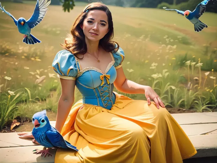 wide shot, score_9, score_8_up, score_7_up <lora:MayaHiga_PonyXL_V1:1> mayahiga dressed up as snow white, looking at viewer, blue corset, yellow long skirt, dress, blue birds sitting in her hands