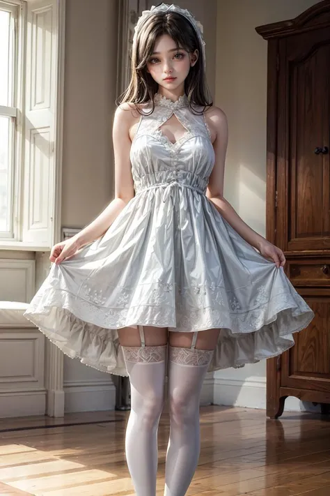(masterpiece, best quality), 1girl, blue and white frill dress, (white stockings), cute face, standing, indoor, intricate detail, sunlight,