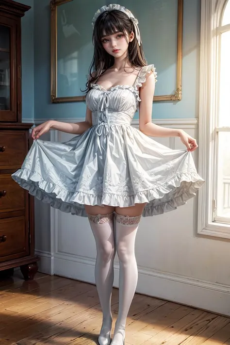 (masterpiece, best quality), 1girl, blue and white frill dress, (white stockings), cute face, standing, indoor, intricate detail, sunlight,