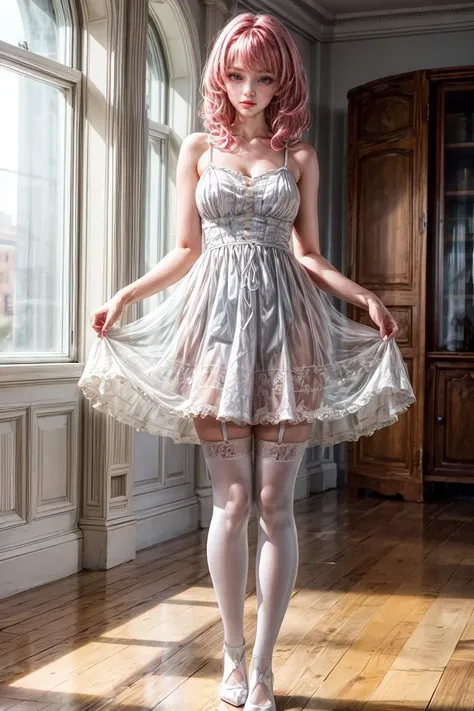 (masterpiece, best quality), 1girl, blue and white frill dress, (white stockings), pink hair, cute face, standing, indoor, intricate detail, sunlight, <lora:add_detail:1>