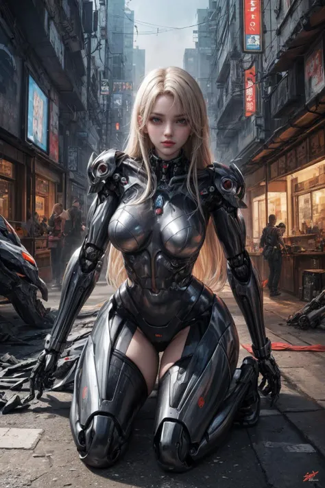 masterpiece, (best quality:1.4), [:intricate details:0.2], 1girl, robot girl, mecha, detailed mechanical anatomy, mechanical arms, war, weapon, cyberpunk,