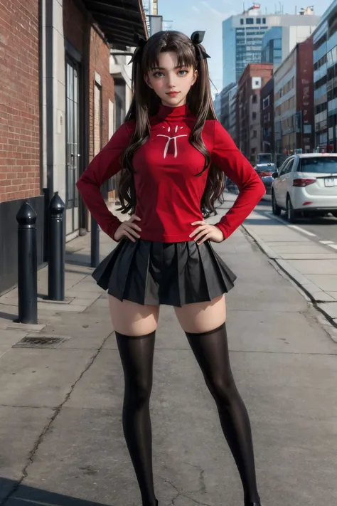 <lora:chara_FateStayNightUBW_TohsakaRin_v1:0.8>, tohsaka rin, best quality, masterpiece, highly detailed, street, 1girl, solo, standing, looking at the viewer, smile, closed mouth, slight blush, long hair, two side up, brown hair, blue eyes, hair ribbon, (red turtleneck), long sleeves, pleated skirt, black skirt, (black thighhighs), full body, (fat legs:1.3), black_loafers, hand on hip,