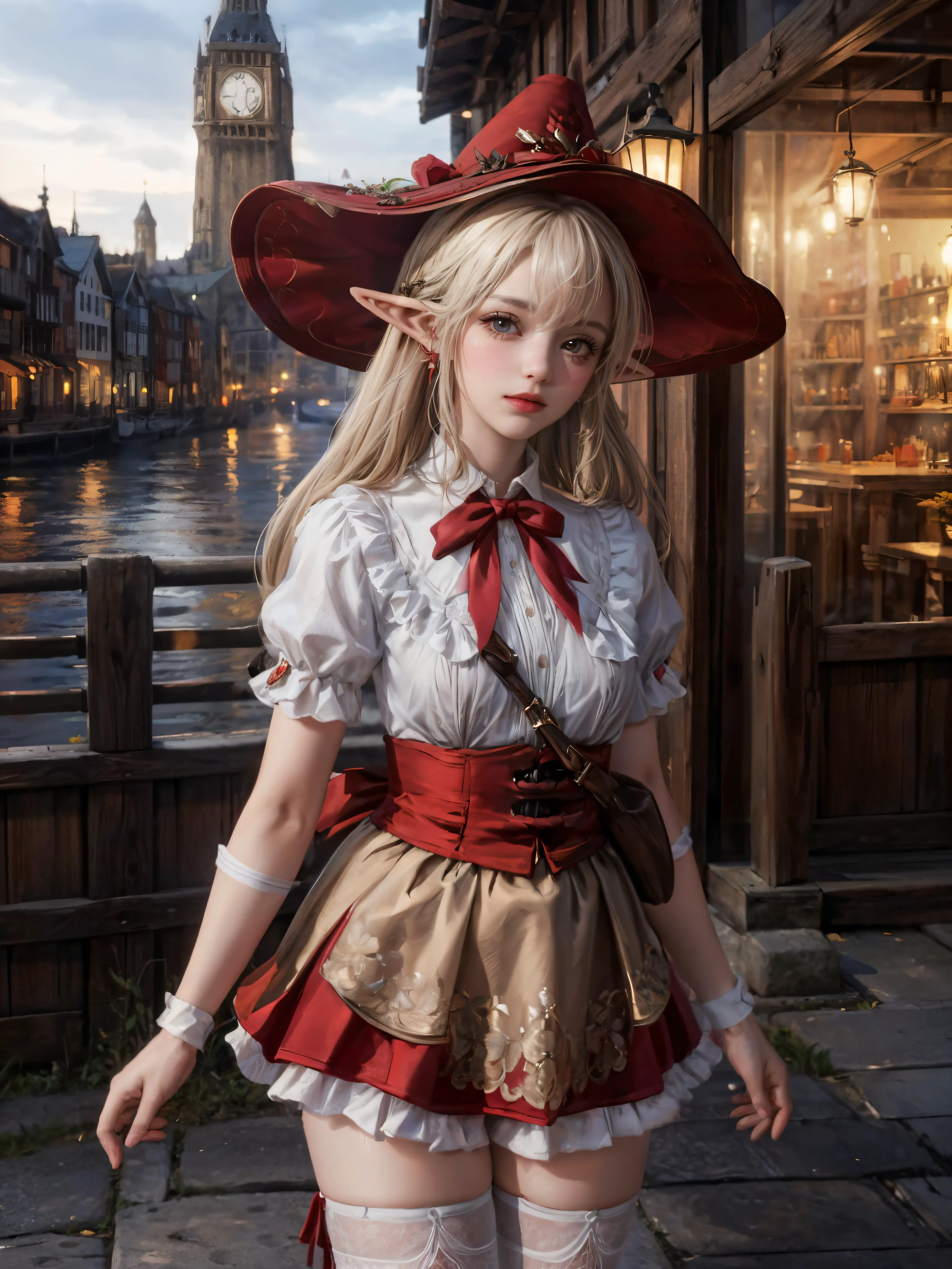(best quality, masterpiece, detailed, high quality, highres, 8K, realistic,:1.1), RAW photo, detailed face, small breasts, detailed background, 1girl, looking at viewer, city, depth of field, glowing, light, <lora:klee-ex:0.8> klee-ex, hat, pointy ears, red skirt,